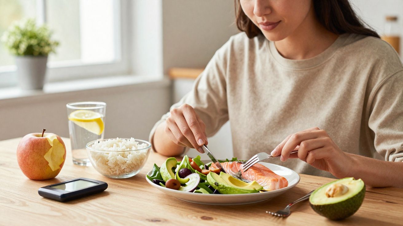 Mulher comendo salada com abacate, salmão e arroz, com maçã e copo de água com limão na mesa.