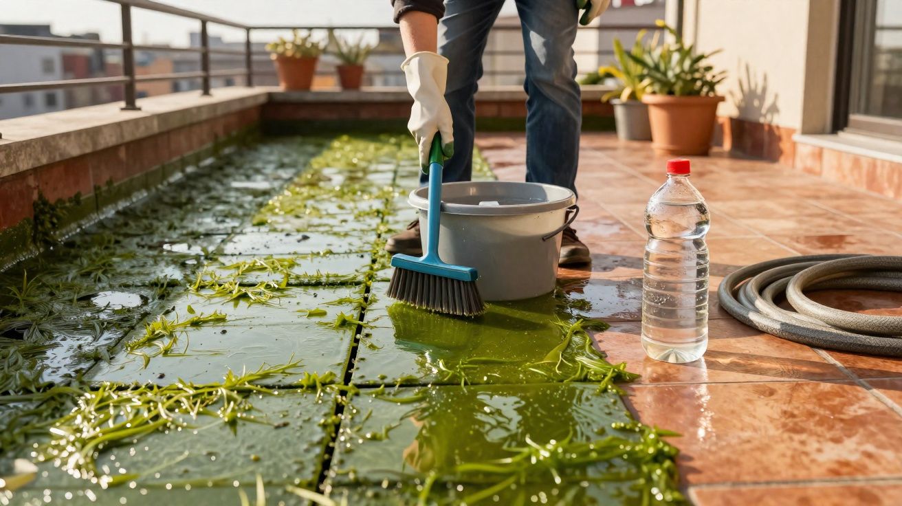 Pessoa limpando algas verde-escuras em piso externo com escova, balde, mangueira e garrafa d'água ao lado.