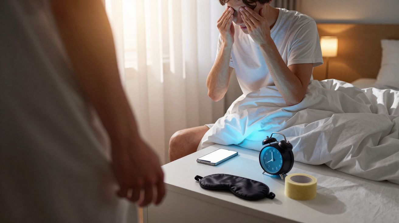 Homem acordando na cama, esfregando os olhos, com despertador, celular e máscara de dormir ao lado.