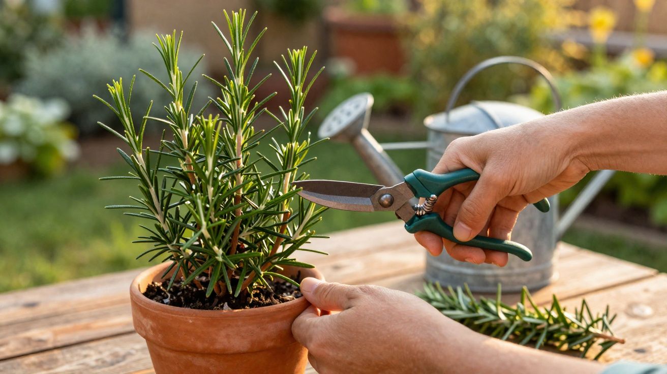 Pessoa podando planta de alecrim em vaso de barro sobre mesa de madeira com regador ao fundo.