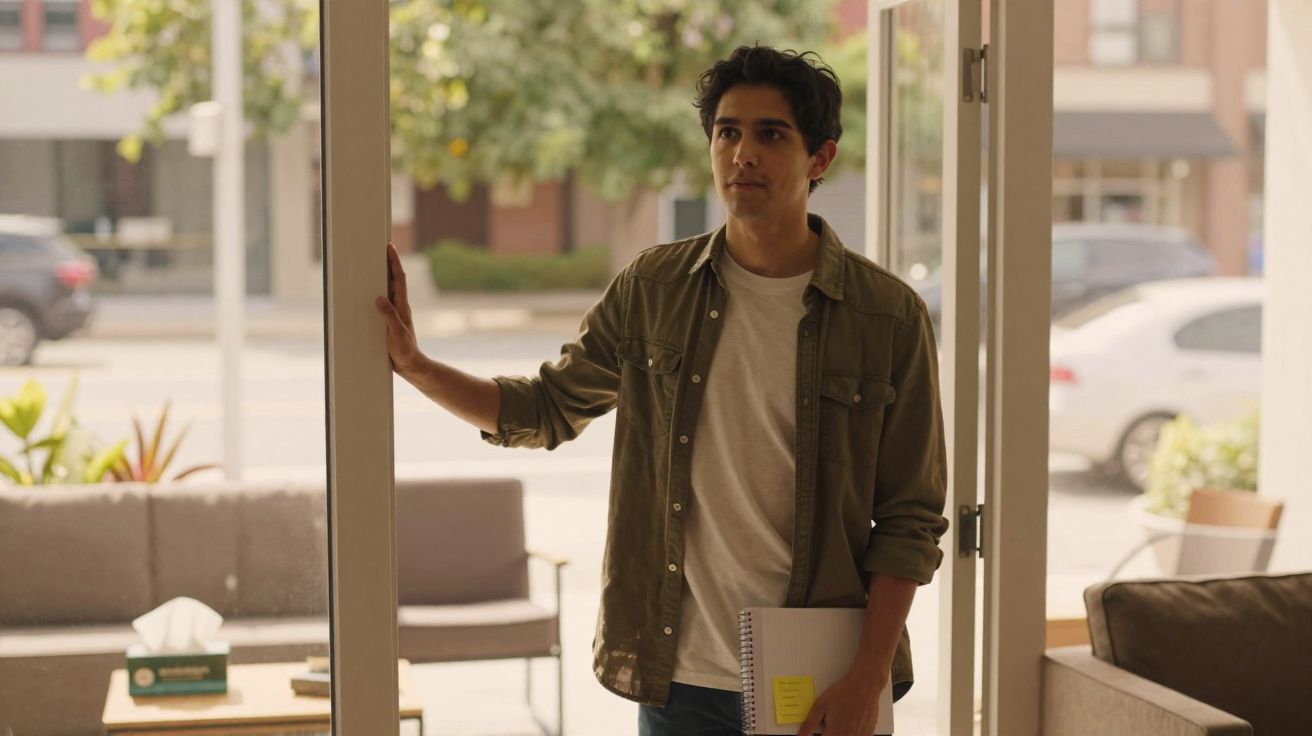 Jovem segurando caderno abre porta de vidro para entrar em ambiente com sofá e mesa ao fundo.