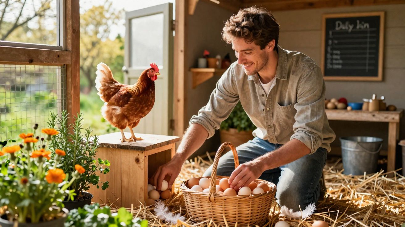 Homem alegre recolhendo ovos em cesta dentro de galinheiro com galinha vermelha ao lado.
