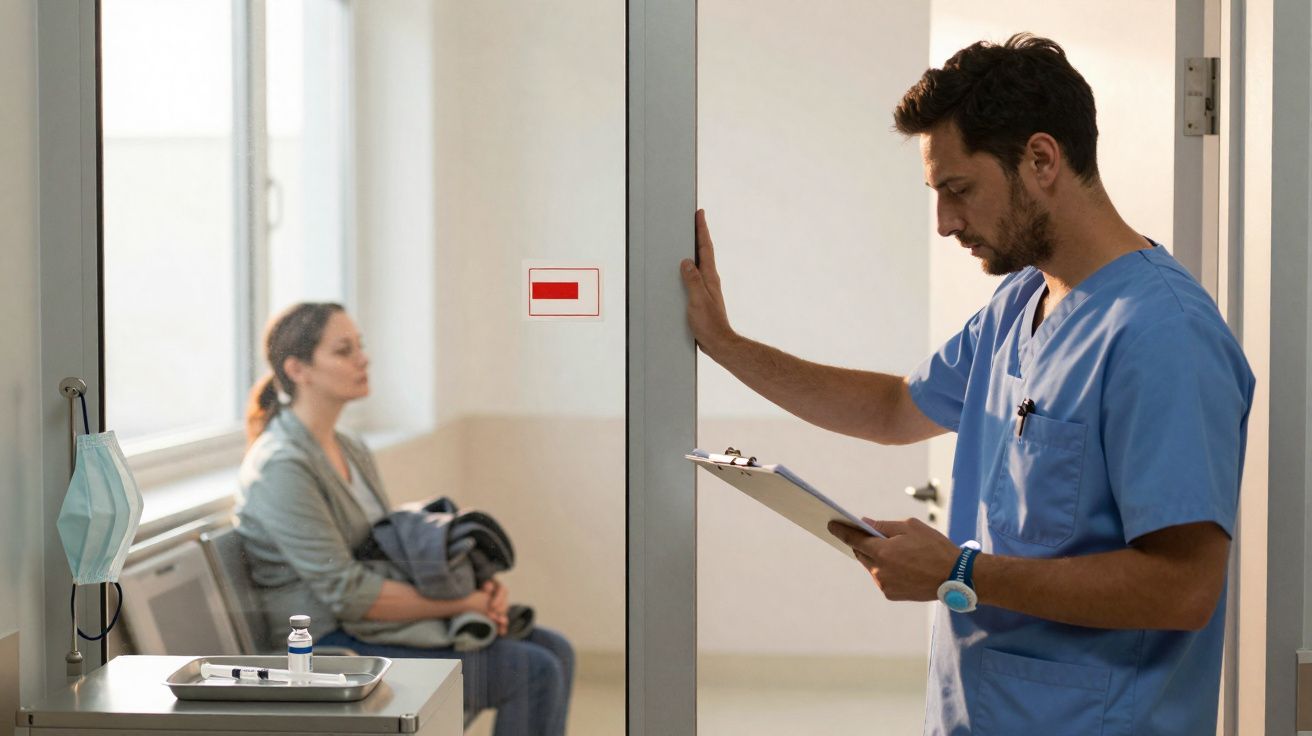 Profissional de saúde consulta prontuário enquanto paciente aguarda sentada em corredor hospitalar.