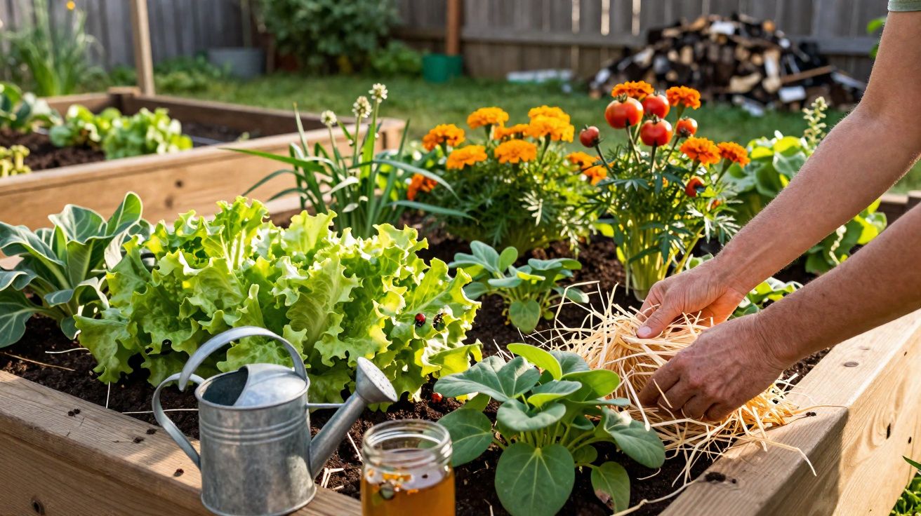 Horta urbana com verduras, flores e tomates, com regador e jarra de mel em canteiro de madeira.