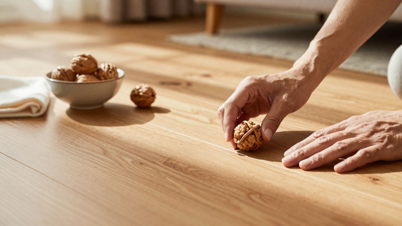 Mãos masculinas seguram e quebram nozes sobre piso de madeira claro com tigela de nozes ao fundo.