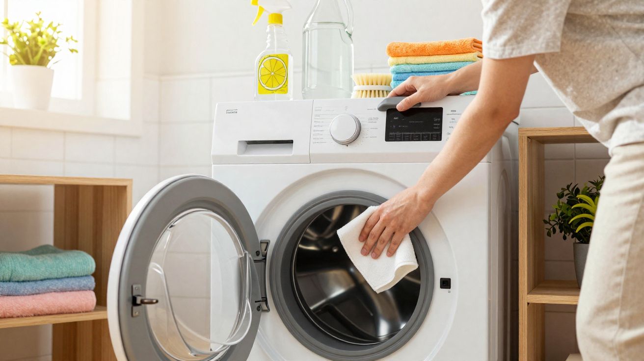 Pessoa limpando o interior da máquina de lavar roupa em lavanderia organizada com toalhas dobradas.
