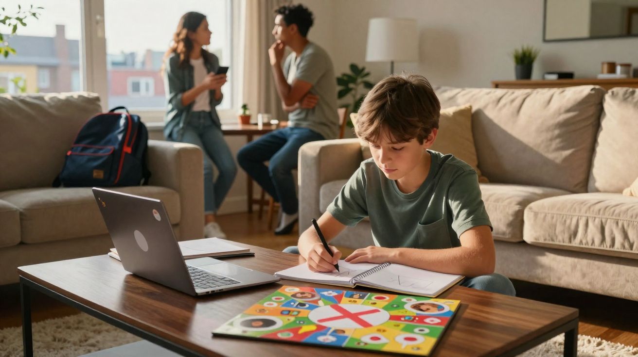 Menino fazendo dever de casa na mesa da sala enquanto dois adultos conversam ao fundo.