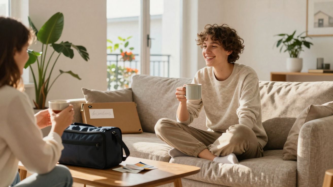 Duas pessoas sorrindo e tomando café sentadas em uma sala de estar iluminada.