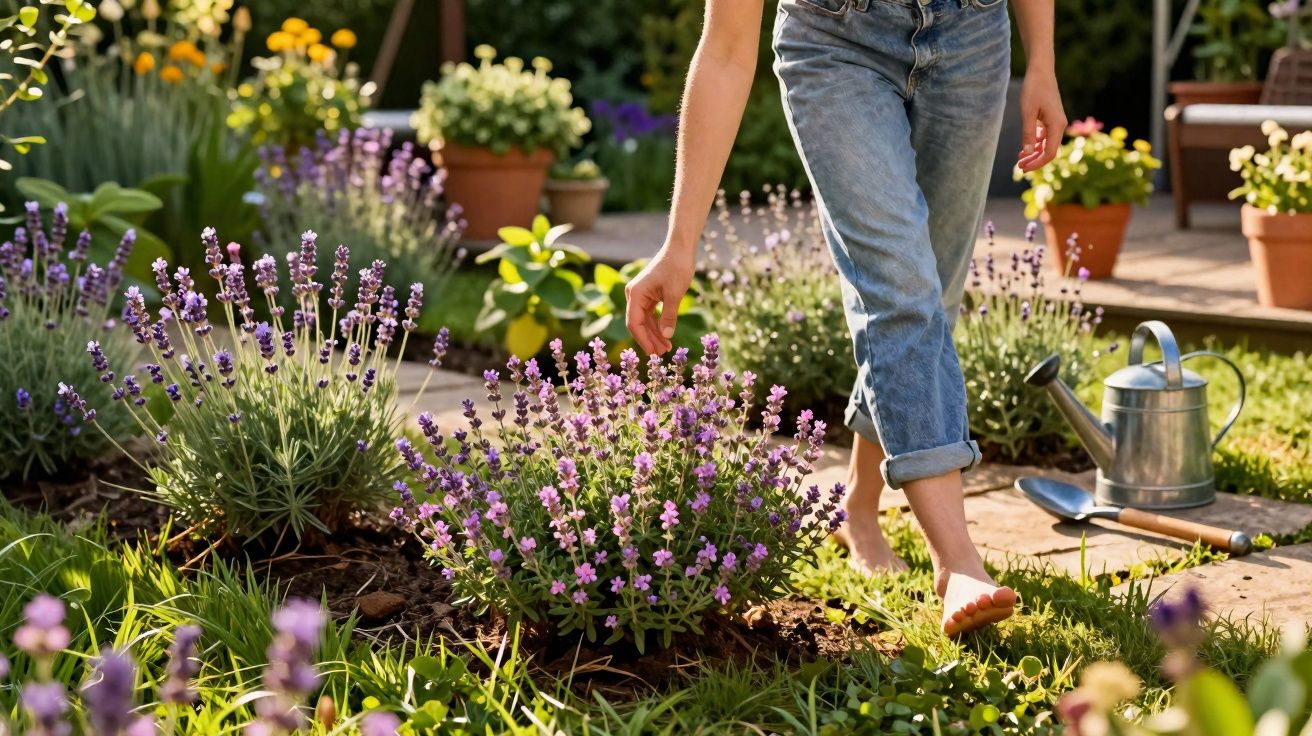 Pessoa descalça cuidando de lavandas em jardim com regador e ferramentas ao fundo.