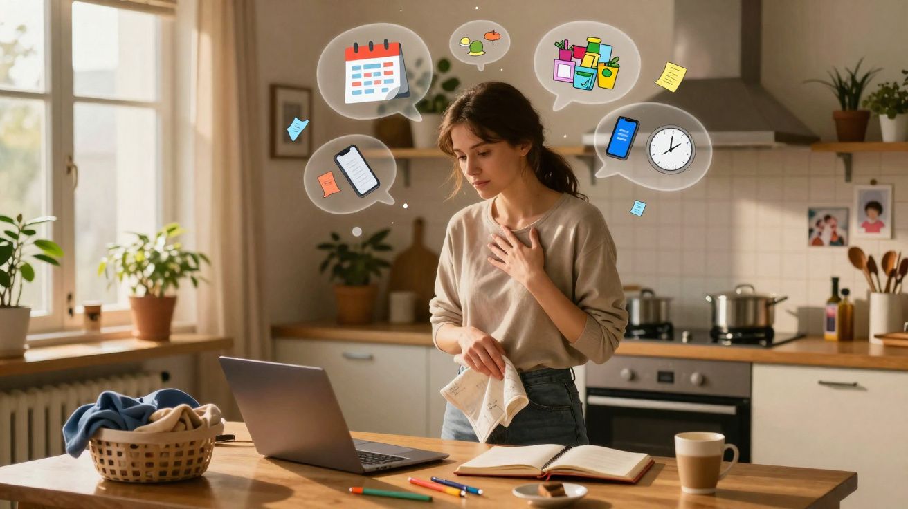 Mulher pensativa em cozinha com tarefas e lembretes ilustrados ao redor da cabeça.
