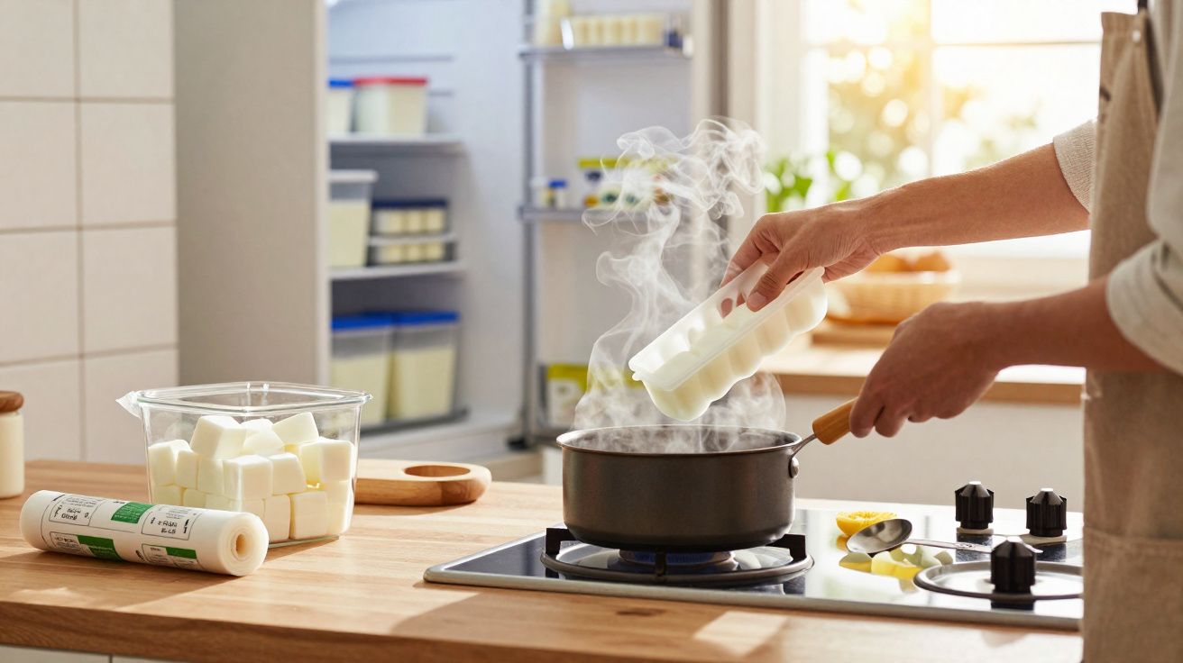 Pessoa colocando cubos brancos em panela com vapor no fogão em cozinha iluminada.