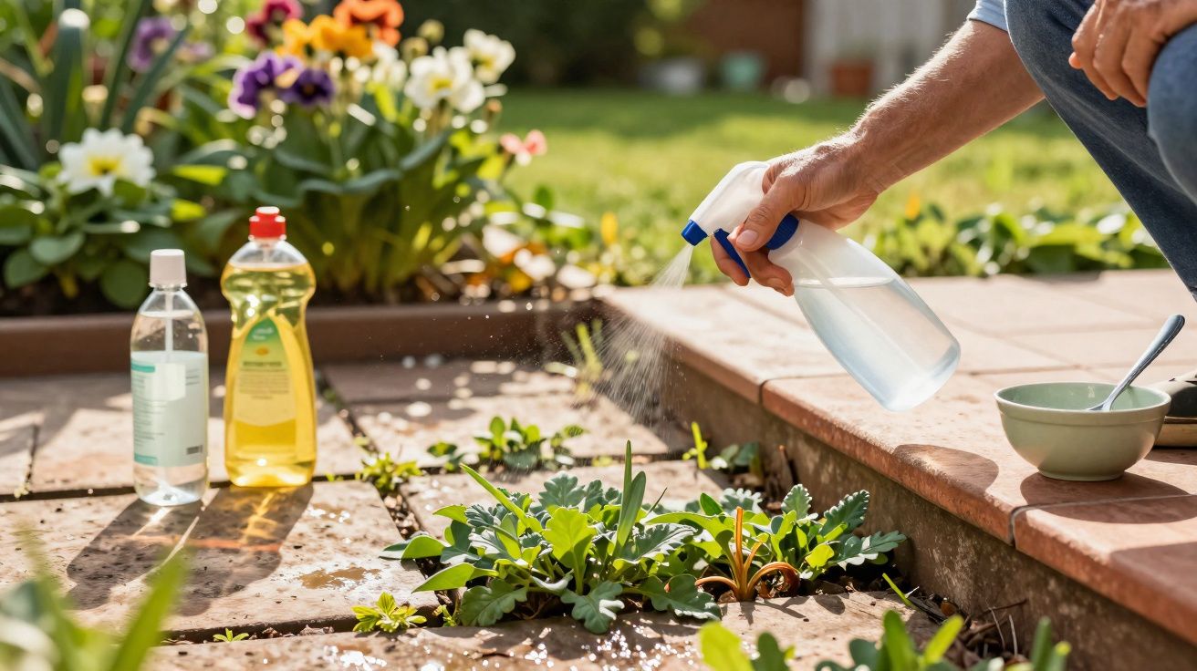 Pessoa pulverizando plantas daninhas entre pedras de jardim com produtos de limpeza ao lado.