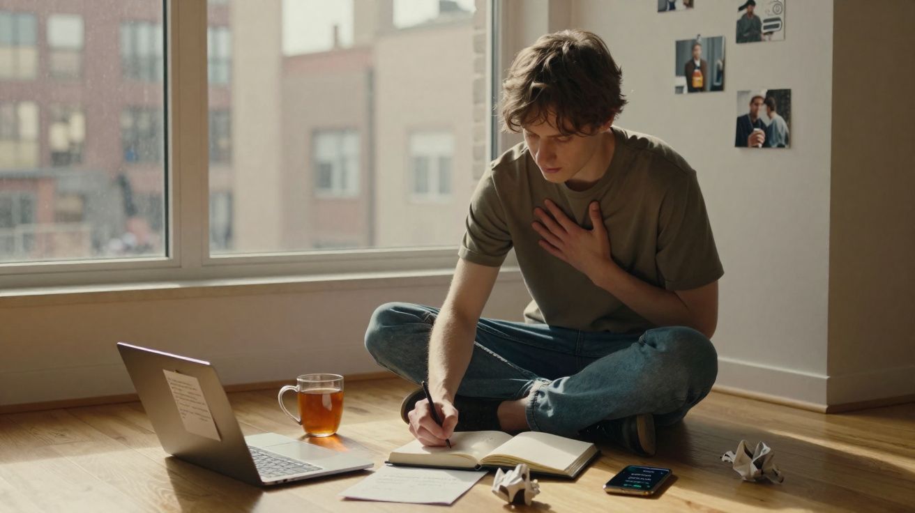 Jovem sentado no chão escrevendo em caderno ao lado de laptop, celular e xícara de chá junto à janela.