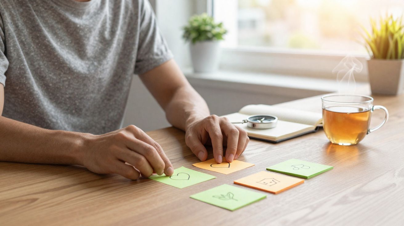 Pessoa organizando notas adesivas coloridas com desenhos de coração, planta e lupa em mesa com xícara de chá.