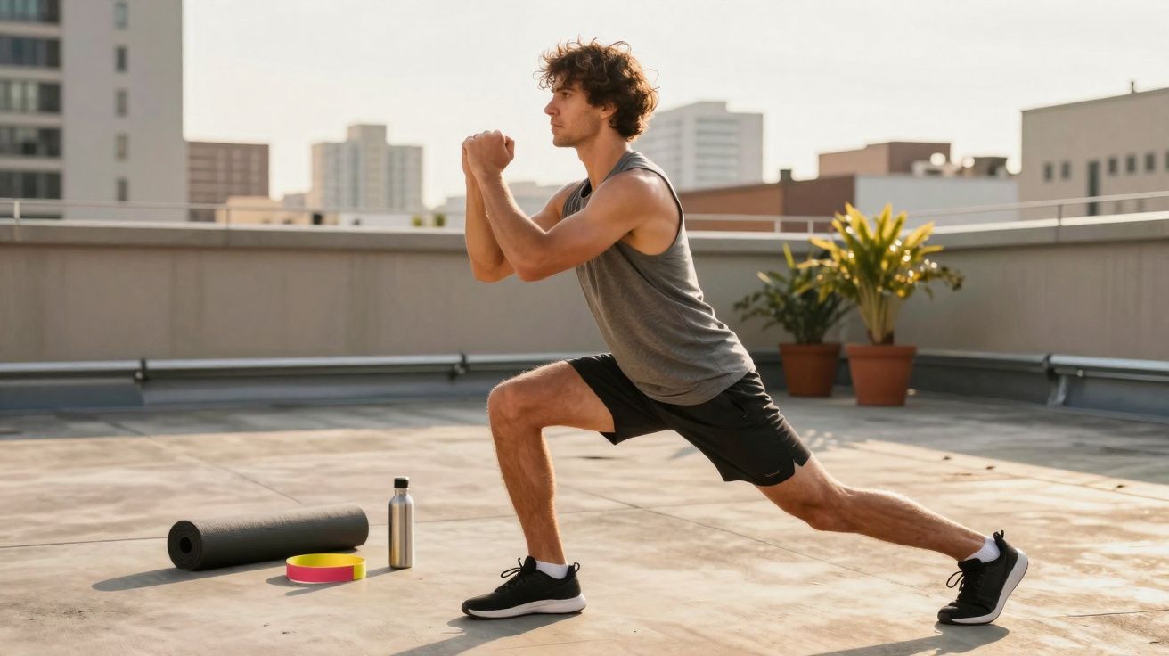 Homem jovem fazendo alongamento em área externa com tapete, garrafa e faixas próximas.
