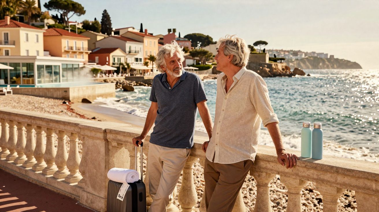 Dois homens maduros conversam em calçadão à beira-mar com casas coloridas e malas ao lado.