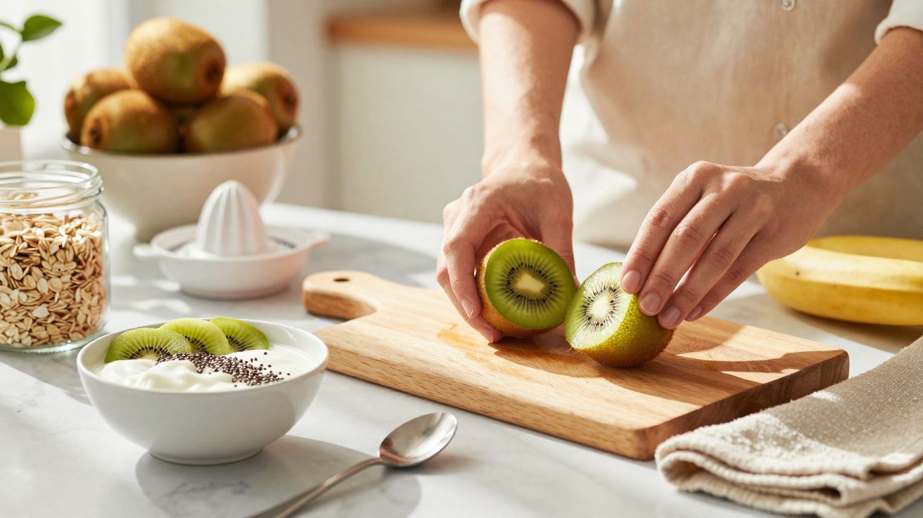 Pessoa cortando kiwi na tábua com tigela de iogurte, aveia e banana ao redor sobre bancada.