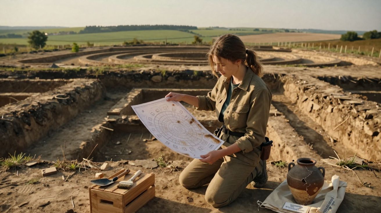 Arqueóloga analisando mapa em escavação com artefatos antigos e ruínas circulares ao fundo.