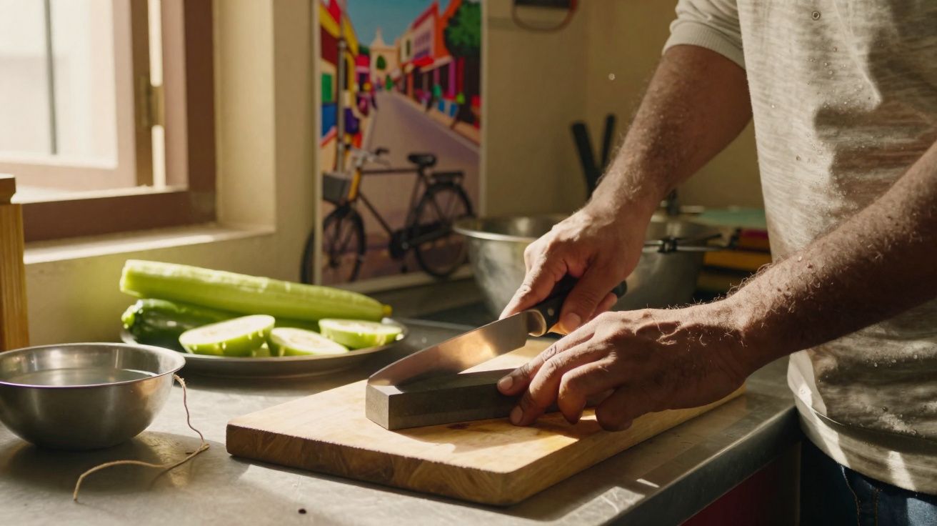 Mãos masculinas afiando uma faca em uma pedra de amolar na cozinha com legumes na bancada.
