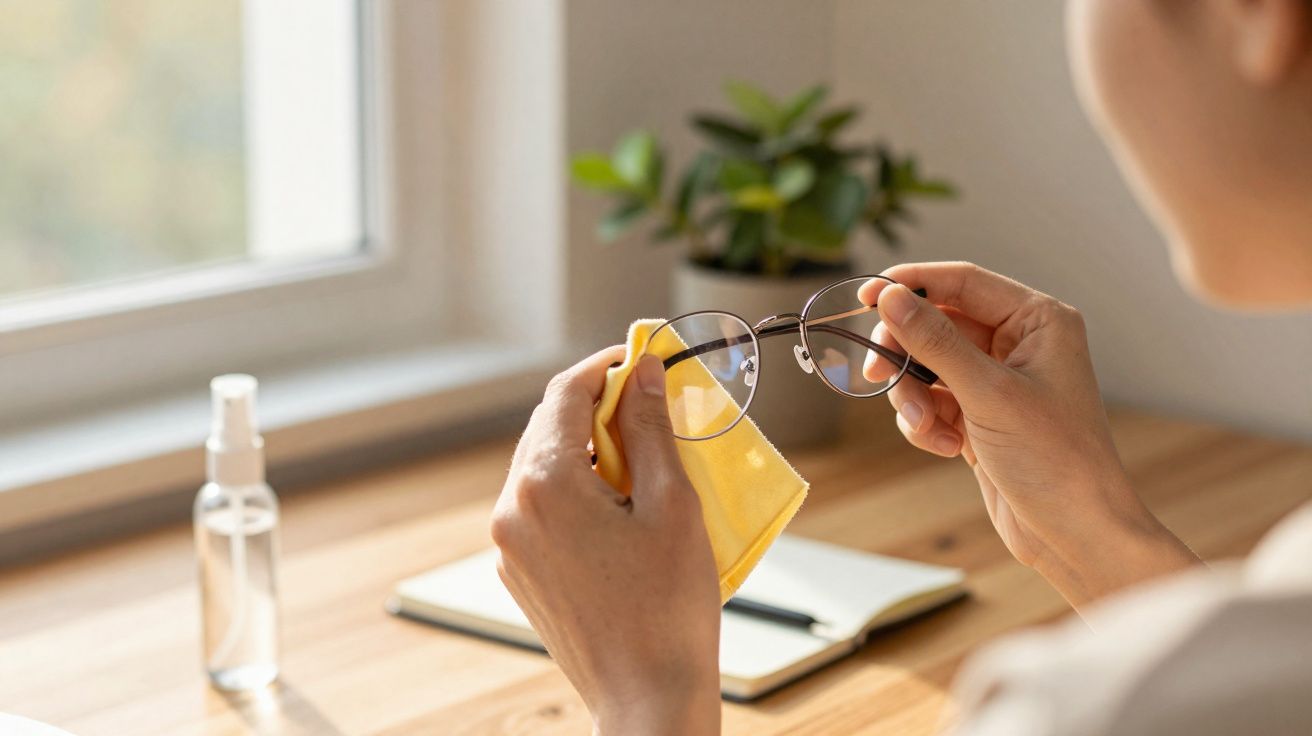 Pessoa limpando óculos com pano amarelo em mesa de madeira com caderno e planta ao fundo.