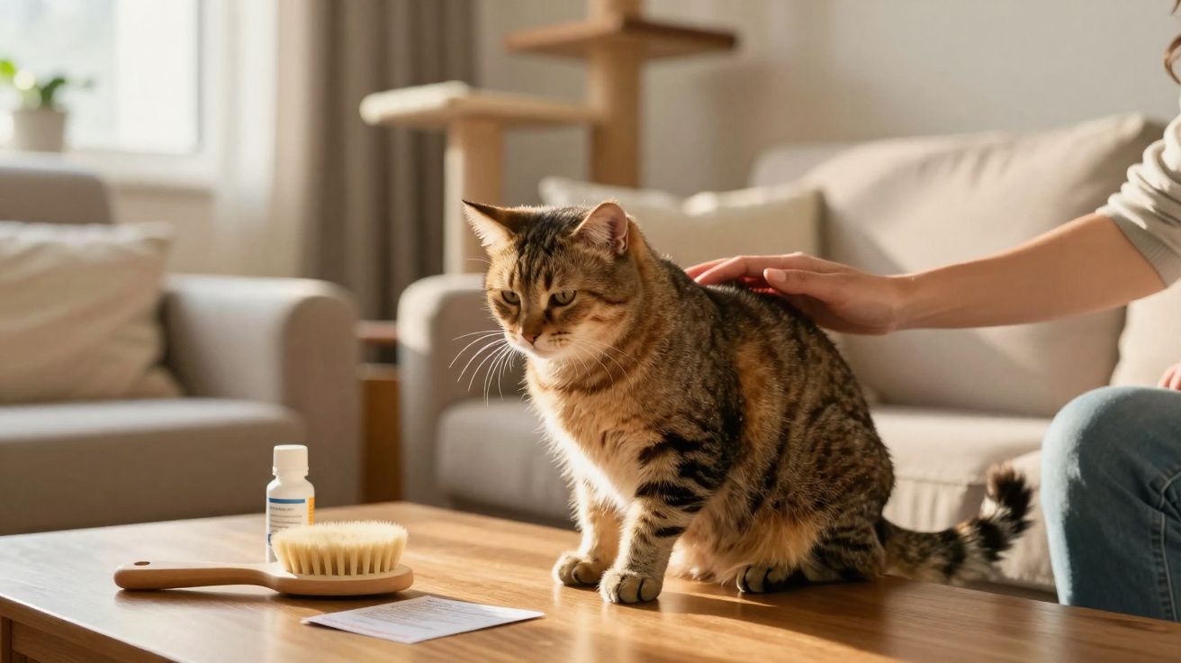 Gato malhado sentado sobre mesa de madeira enquanto pessoa acaricia suas costas em sala de estar.