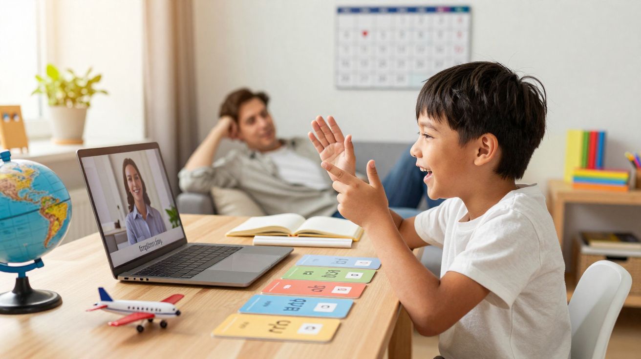 Criança estudando inglês online com professor em notebook, pai relaxado ao fundo em sala iluminada.