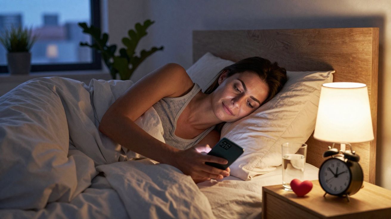 Mulher deitada na cama usando celular à noite, com luminária acesa e relógio ao lado.