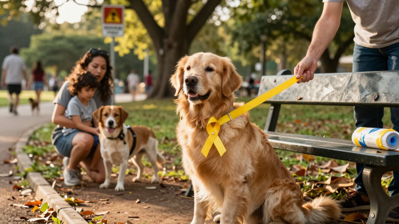 Cachorro dourado sentado próximo a banco em parque, ao lado de pessoa e criança com outro cachorro ao fundo.