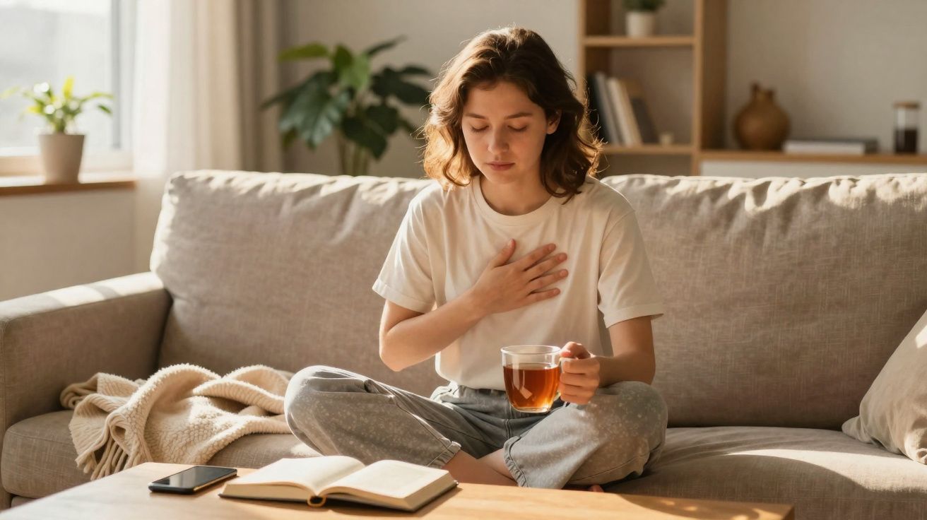 Mulher sentada no sofá com uma xícara de chá e a mão no peito, em ambiente aconchegante.