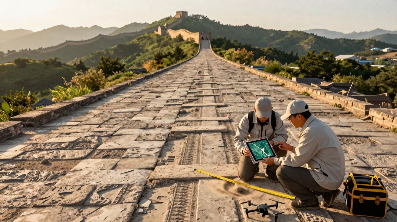 Dois pesquisadores com tablet e drone fazem estudo na Muralha da China em um dia ensolarado.