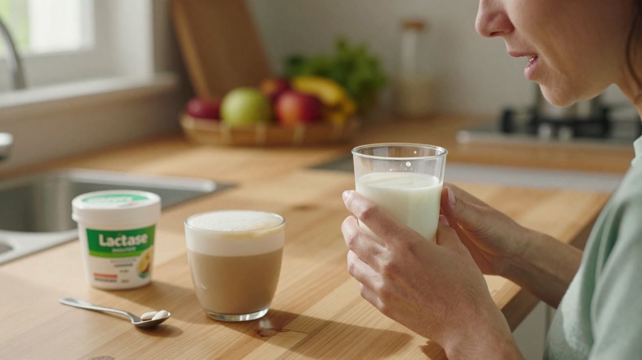 Pessoa segurando copo de leite junto a copo de café com leite e suplemento de lactase sobre mesa de madeira.