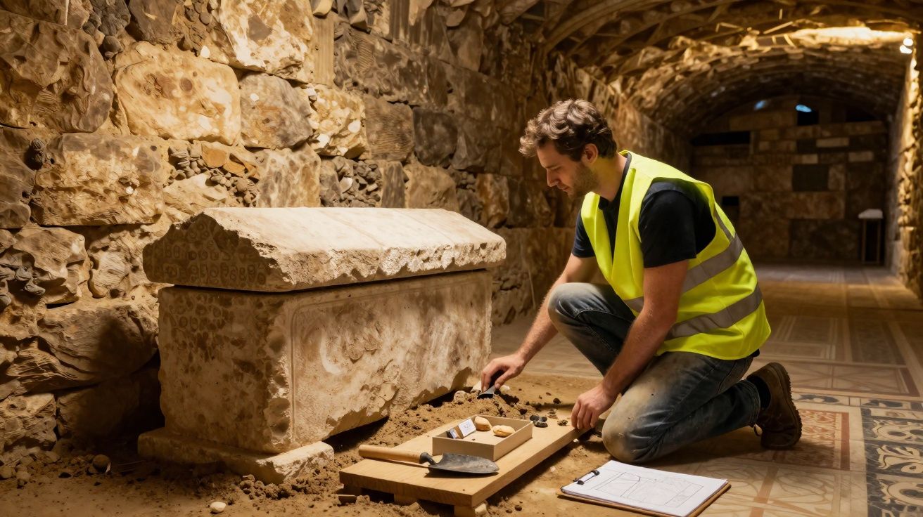 Arqueólogo em colete refletivo examina artefatos ao lado de sarcófago em escavação subterrânea antiga.