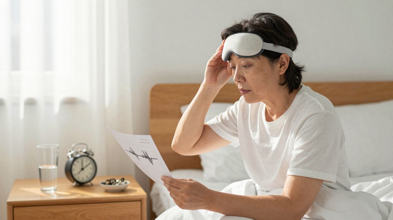 Mulher sentada na cama lendo exame médico, usando máscara de dormir na testa, ao lado relógio e copo d'água.
