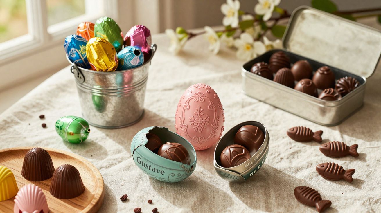Ovos de Páscoa de chocolate e bombons em embalagem decorativa sobre mesa clara.