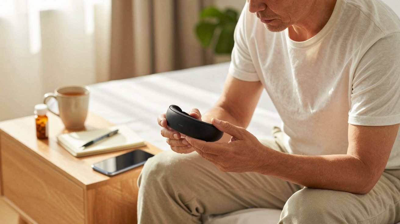 Homem sentado na cama olhando para um dispositivo de controle remoto preto nas mãos.