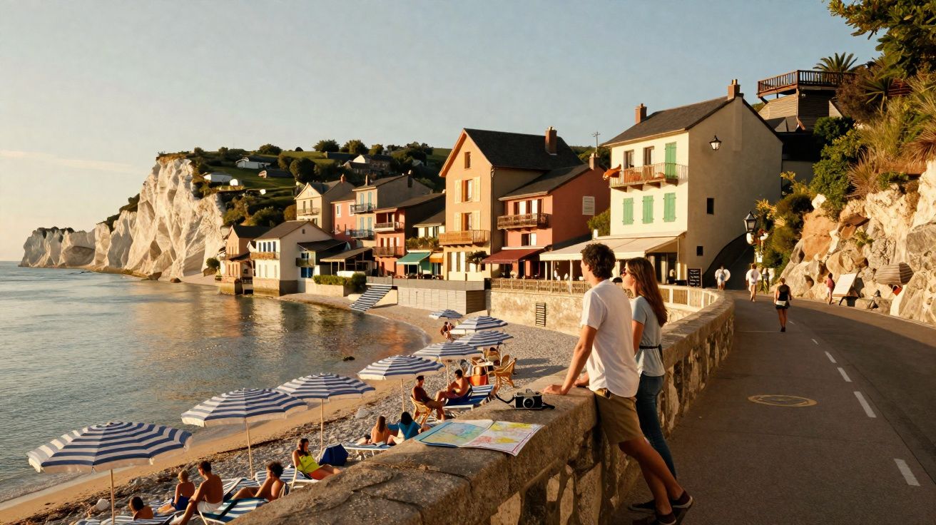 Casal observa praia com guarda-sóis listrados e casas coloridas ao pôr do sol, perto de penhascos.