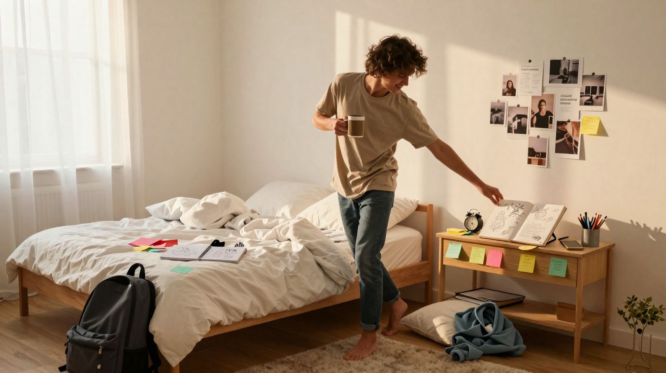 Jovem em quarto iluminado pegando livro, segurando caneca, com cama e mesa organizadas ao redor.