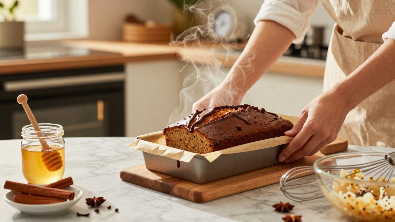 Pessoa retirando bolo quente de forma, mesa com mel, canela e tigela com ingredientes na cozinha.
