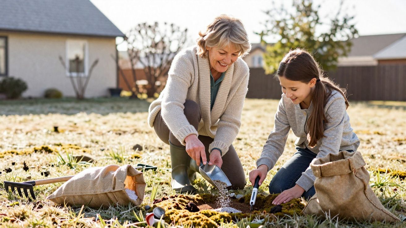 Mulher e menina plantando sementes juntas em jardim ensolarado com ferramentas e sacos de matéria orgânica.