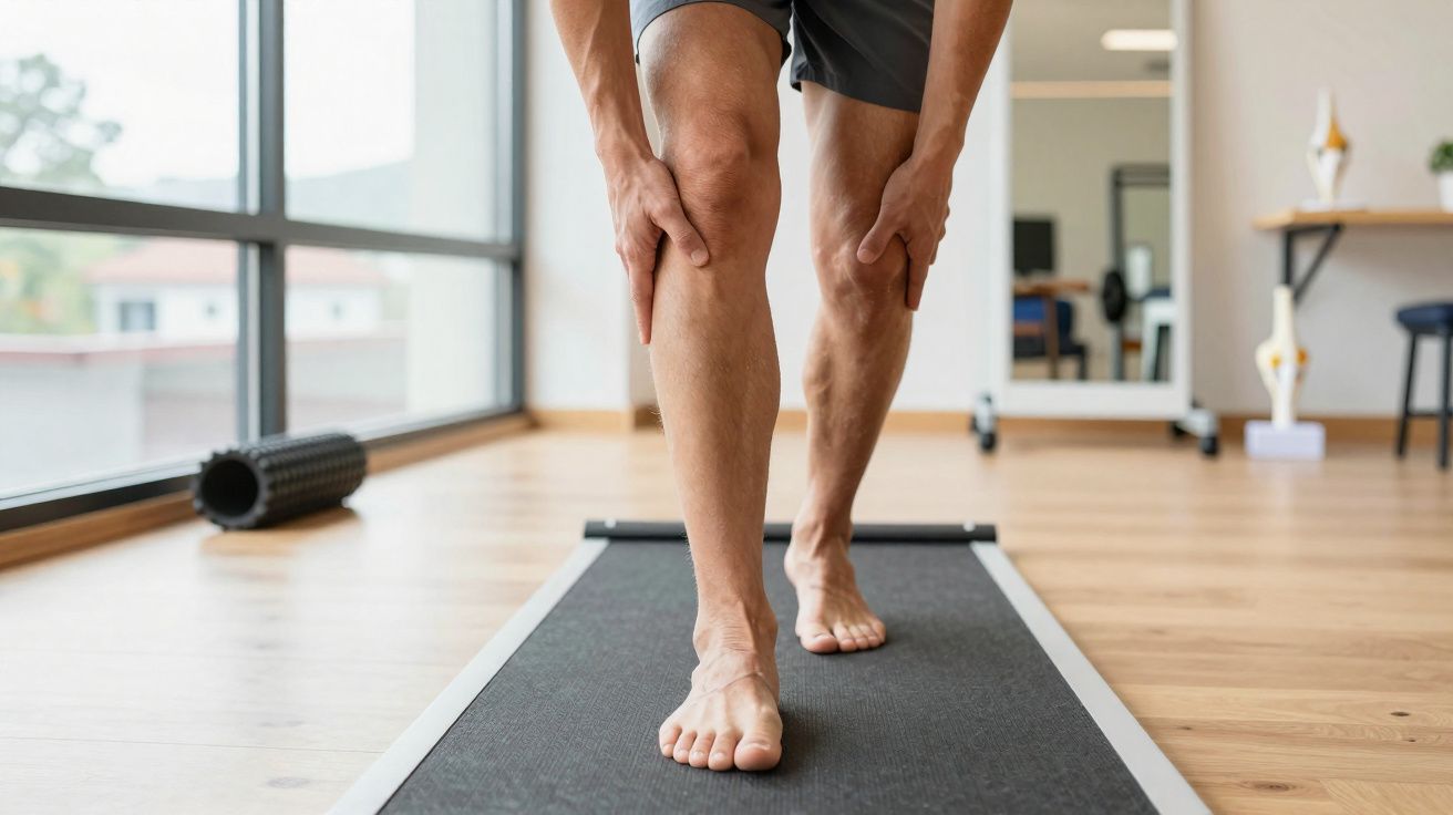 Pessoa segurando a perna com dor durante exercício de alongamento em tapete dentro de ambiente iluminado.