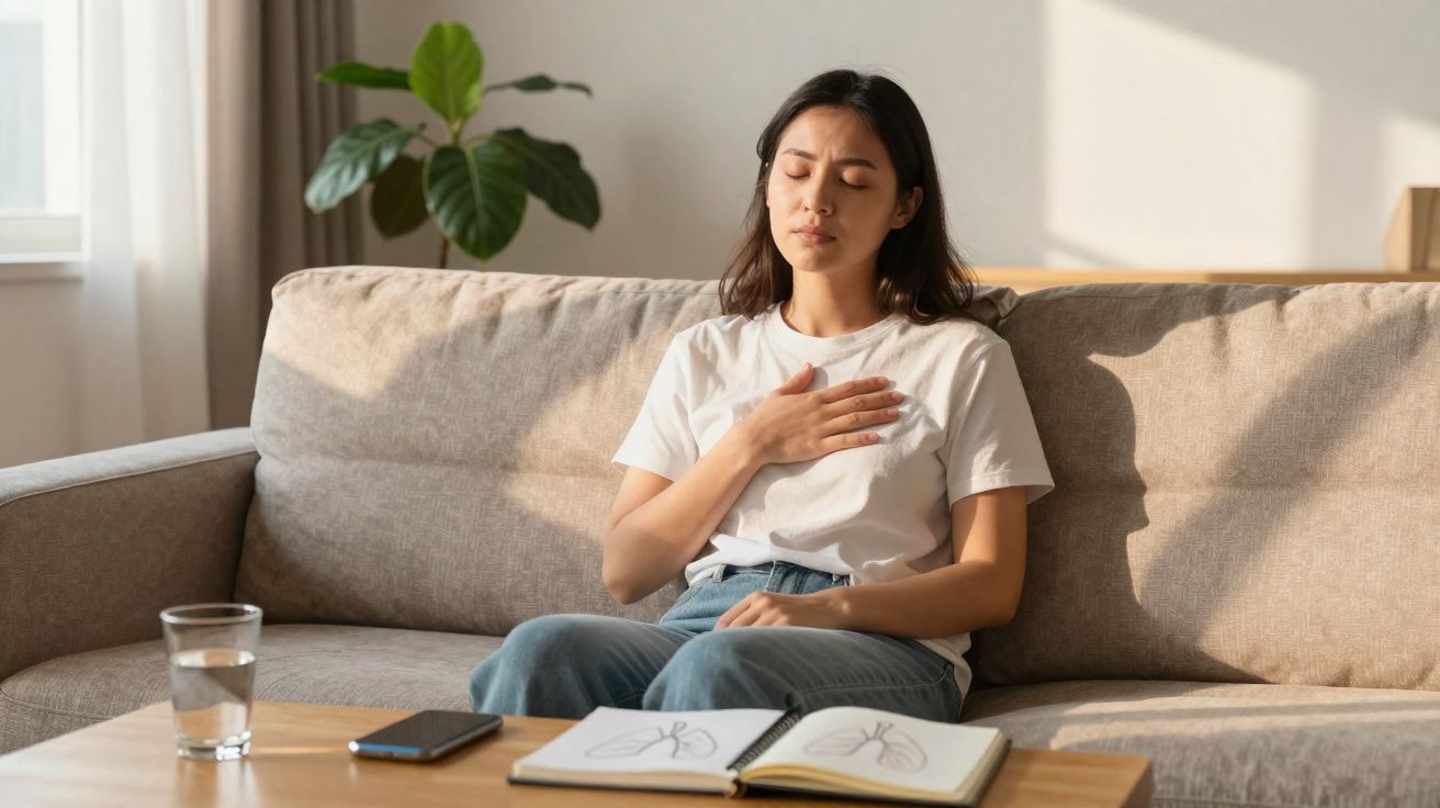 Mulher sentada no sofá com a mão no peito, demonstrando desconforto respiratório ou dor no peito.