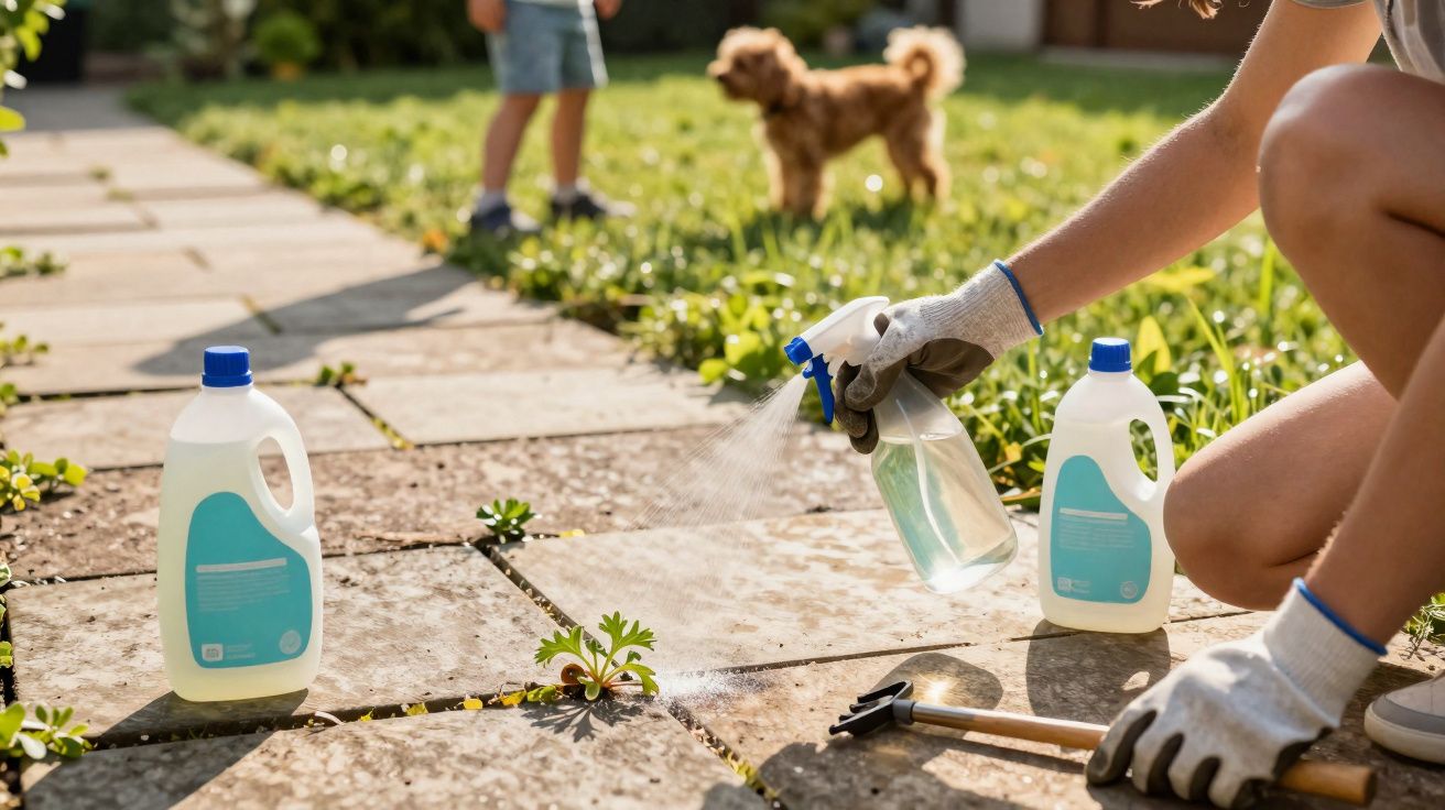 Pessoa aplicando herbicida em plantas daninhas no jardim com luvas, cachorro e criança ao fundo.