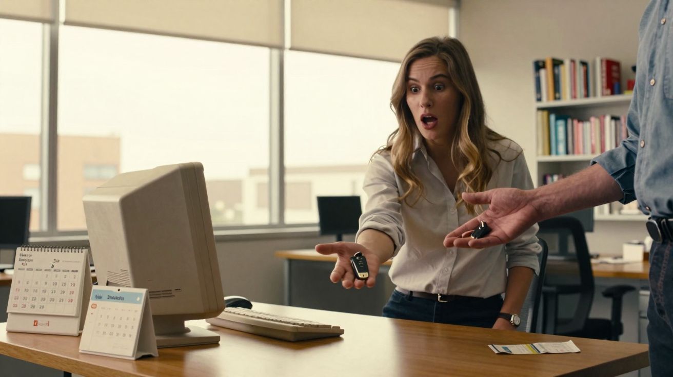 Mulher surpresa recebendo uma chave USB pequena de uma pessoa em escritório com computador antigo.