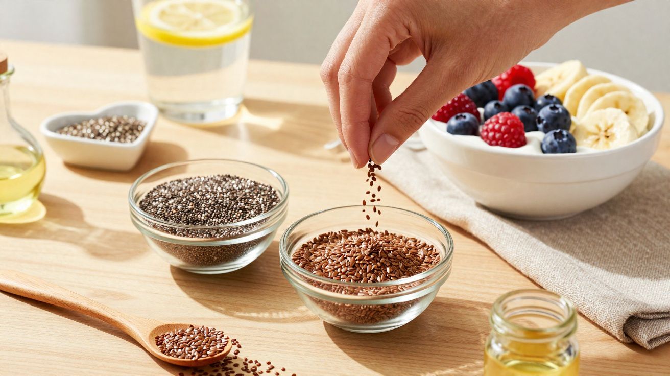 Mão segurando sementes sendo despejadas em bowl com sementes e frutas em background sobre mesa de madeira.