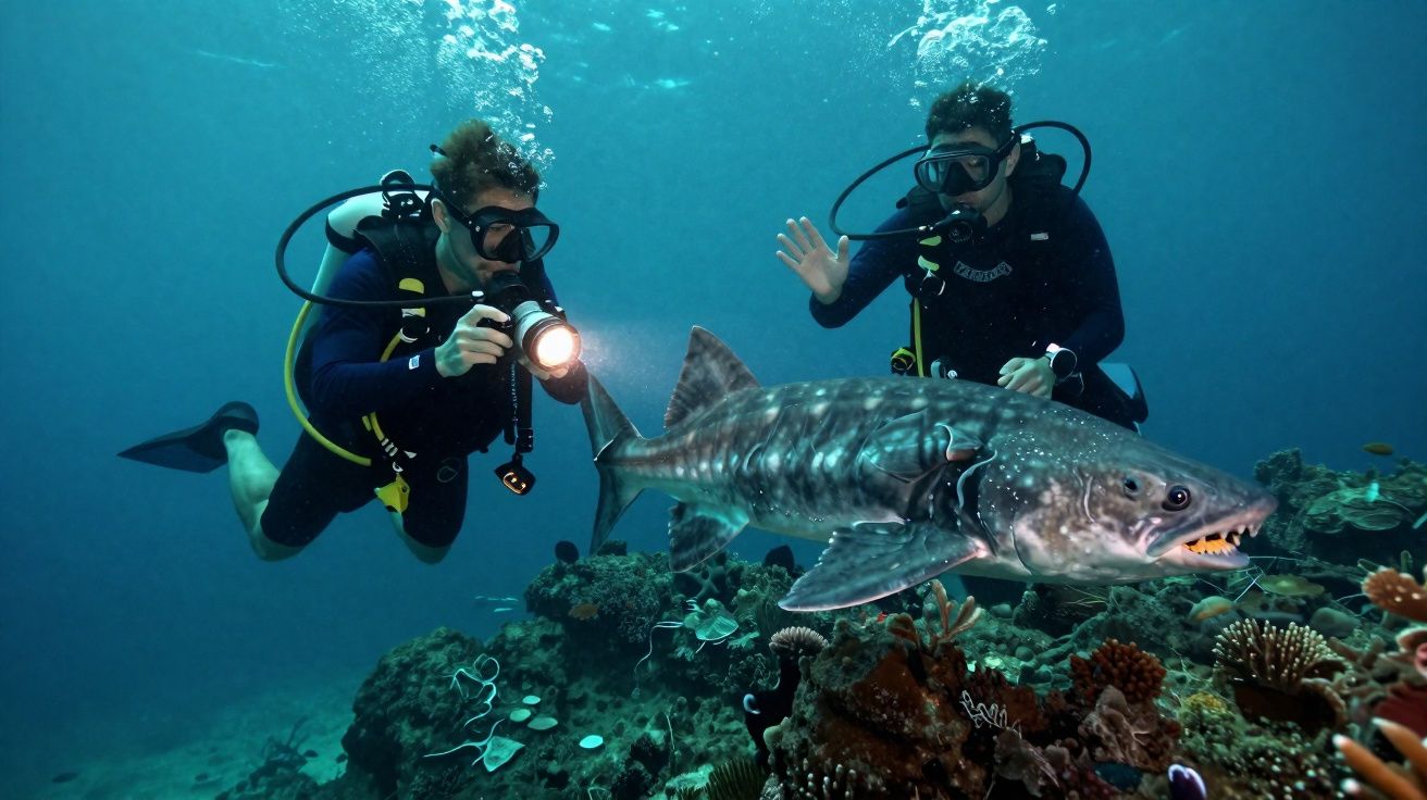 Dois mergulhadores fotografam um tubarão nadando próximo a um recife de corais no fundo do mar.