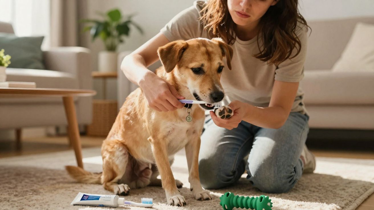 Mulher escova os dentes de um cachorro dentro de casa, sentado em um tapete na sala.