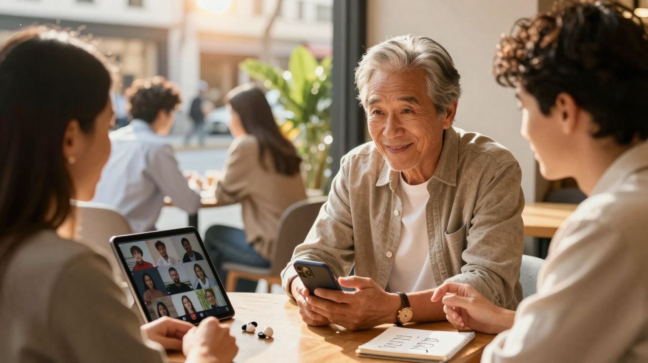 Grupo de pessoas reunidas em reunião híbrida com laptop e celular em café iluminado pela luz natural.