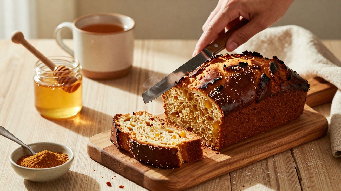 Pessoa cortando pão de forma com cobertura e gergelim em tábua de madeira, com mel, chá e especiaria ao fundo.