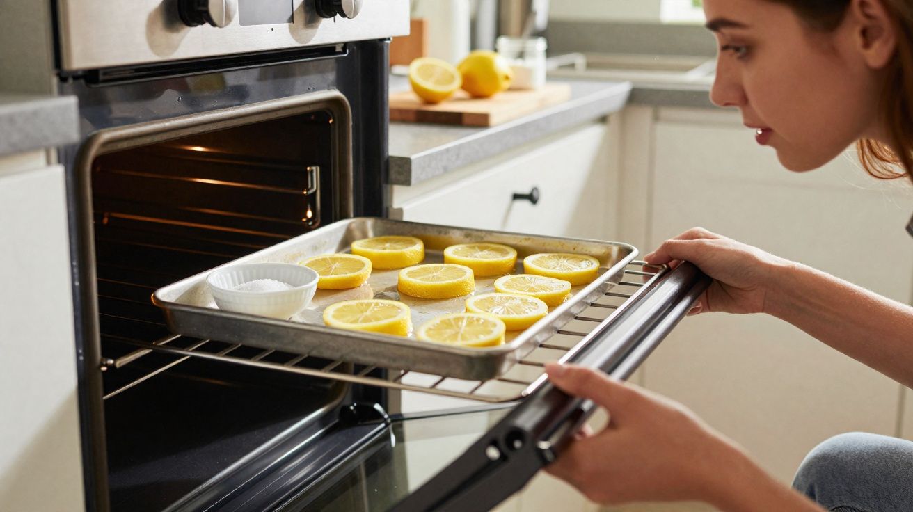 Mulher colocando tabuleiro com fatias de limão e recipiente de sal no forno em cozinha moderna.