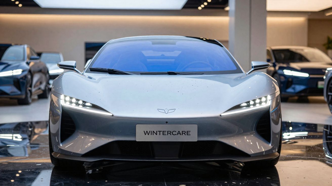 Carro esportivo elétrico cinza prata visto de frente em showroom moderno.